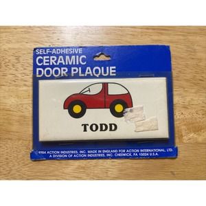 Vintage Retro TODD With Red Car Dead Stock Ceramic Door Name Plaque Wall Sign